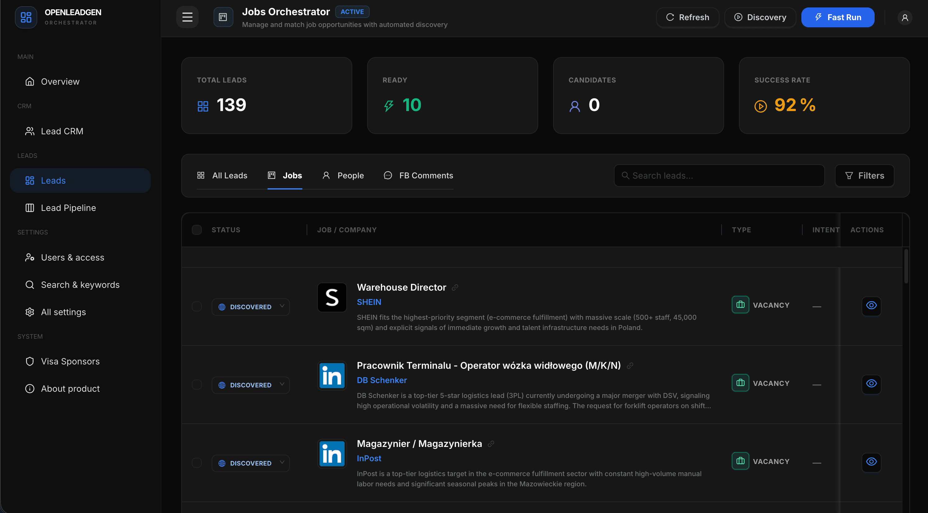 Lejek kanban CRM rekrutacyjnego OpenLeadGraph